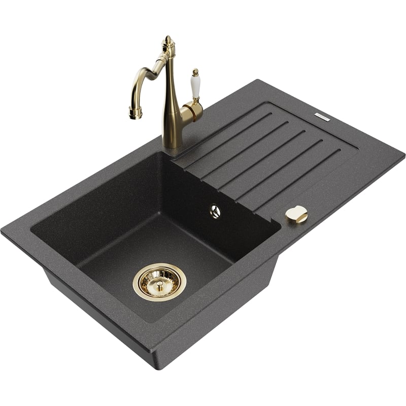 Mexen Pablo 1-bowl granite sink with drainer and Carla kitchen faucet, black speckled - 6510-76-670700-50