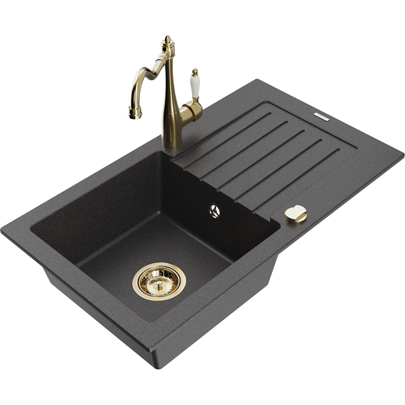 Mexen Pablo 1-bowl granite sink with drainer and kitchen tap Carla, black speckled - 6510-76-670700-50