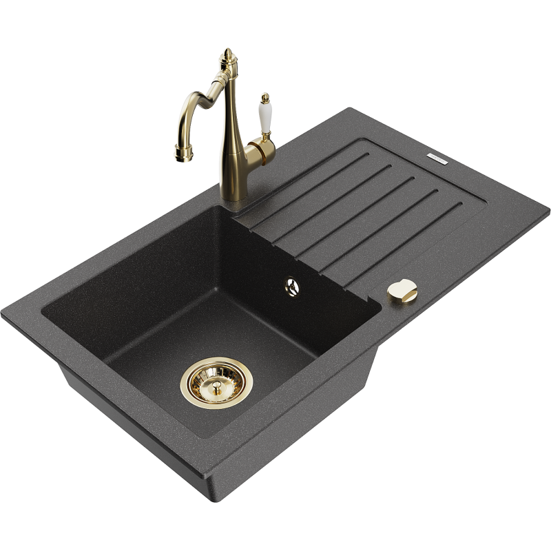 Mexen Pablo 1-compartment granite sink with a drip tray and kitchen mixer tap Carla, spotted black - 6510-76-670700-50