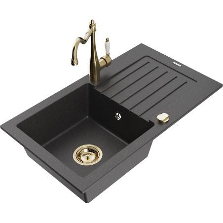 Mexen Pablo 1-bowl granite sink with drainer and kitchen faucet Carla, black speckled - 6510-76-670700-50