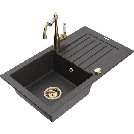 Mexen Pablo 1-bowl granite sink with drainer and kitchen tap Carla, black speckled - 6510-76-670700-50