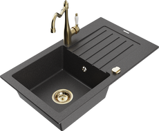 Mexen Pablo 1-bowl granite sink with drainer and Carla kitchen faucet, black speckled - 6510-76-670700-50