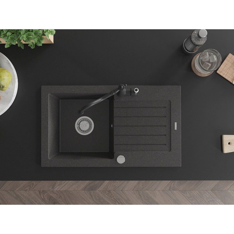 Mexen Pablo granite kitchen sink 1-bowl with drainer and Carla kitchen tap, speckled black - 6510-76-670700-70