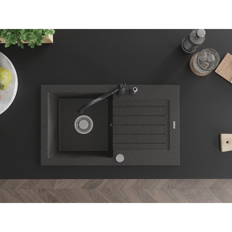 Mexen Pablo granite sink single-bowl with drainer and Carla kitchen faucet, black speckled - 6510-76-670700-70