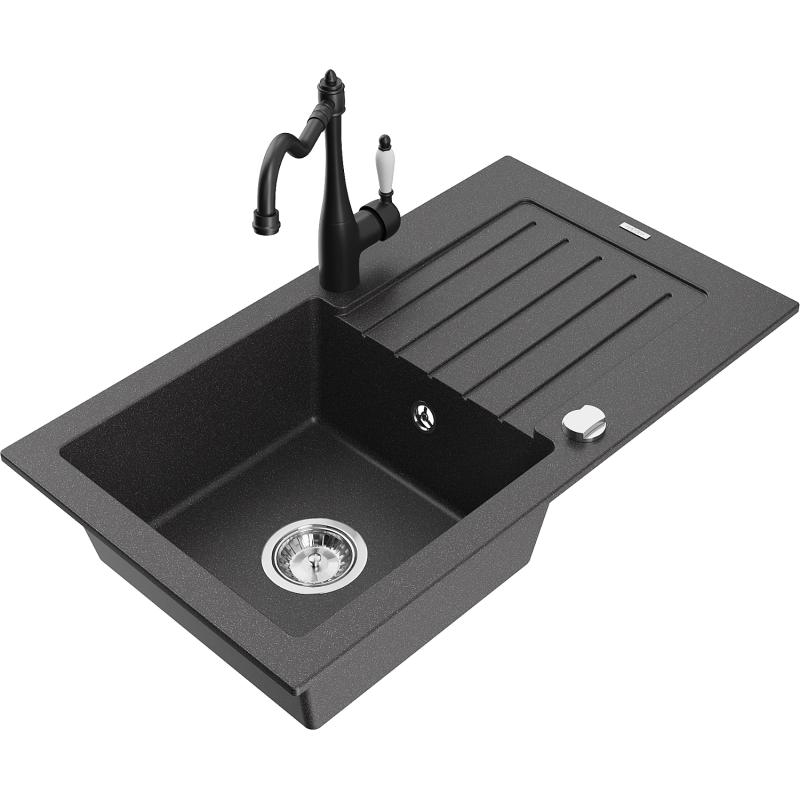 Mexen Pablo granite kitchen sink 1-bowl with drainer and Carla kitchen tap, speckled black - 6510-76-670700-70