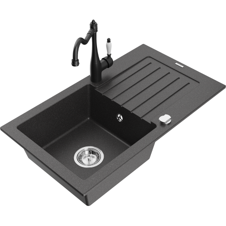 Mexen Pablo granite sink single-bowl with drainer and Carla kitchen faucet, black speckled - 6510-76-670700-70