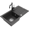 Mexen Pablo granite sink single-bowl with drainer and Carla kitchen faucet, black speckled - 6510-76-670700-70