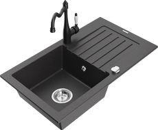 Mexen Pablo granite kitchen sink 1-bowl with drainer and Carla kitchen tap, speckled black - 6510-76-670700-70