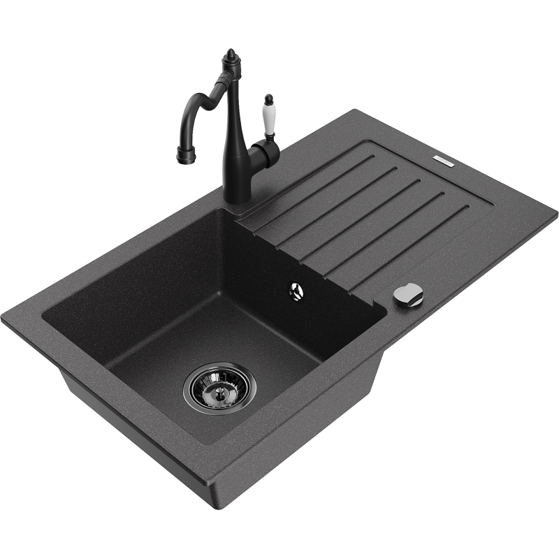 Mexen Pablo 1-bowl granite sink with drainer and Carla kitchen tap, speckled black - 6510-76-670700-70-B