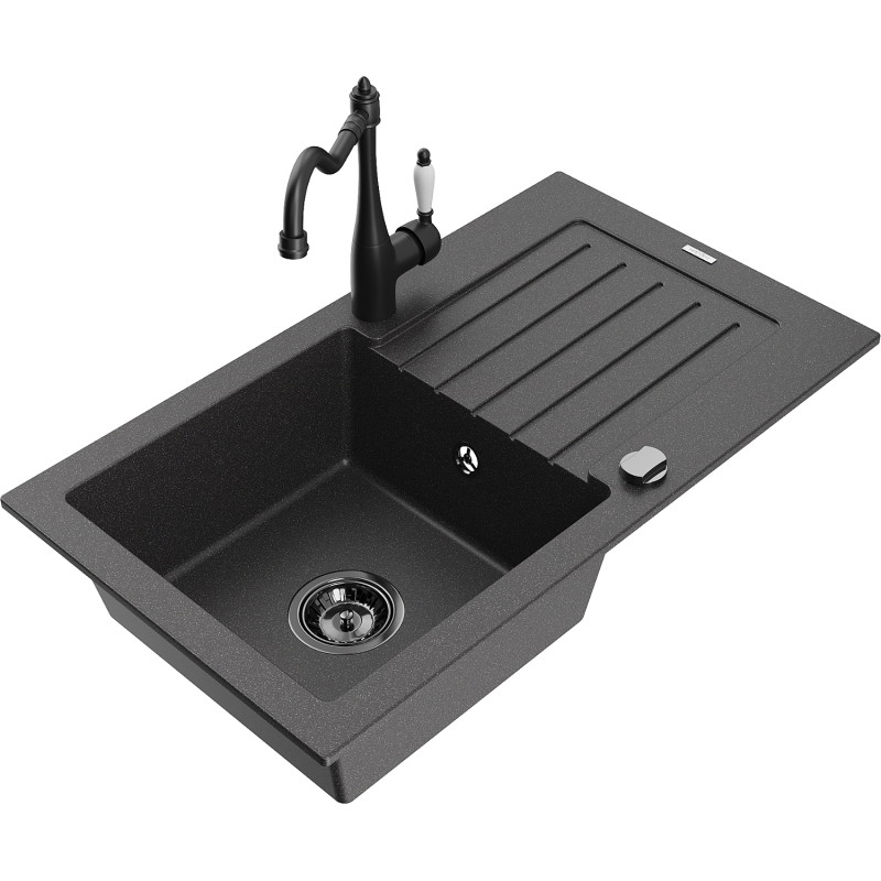 Mexen Pablo granite sink 1-compartment with drainer and kitchen faucet Carla, black speckled - 6510-76-670700-70-B