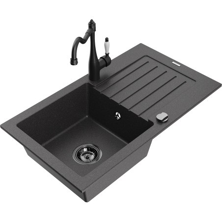 Mexen Pablo 1-bowl granite sink with drainer and Carla kitchen tap, speckled black - 6510-76-670700-70-B