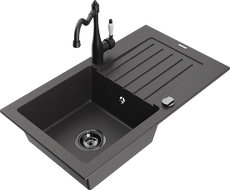 Mexen Pablo 1-bowl granite sink with drainer and Carla kitchen tap, speckled black - 6510-76-670700-70-B