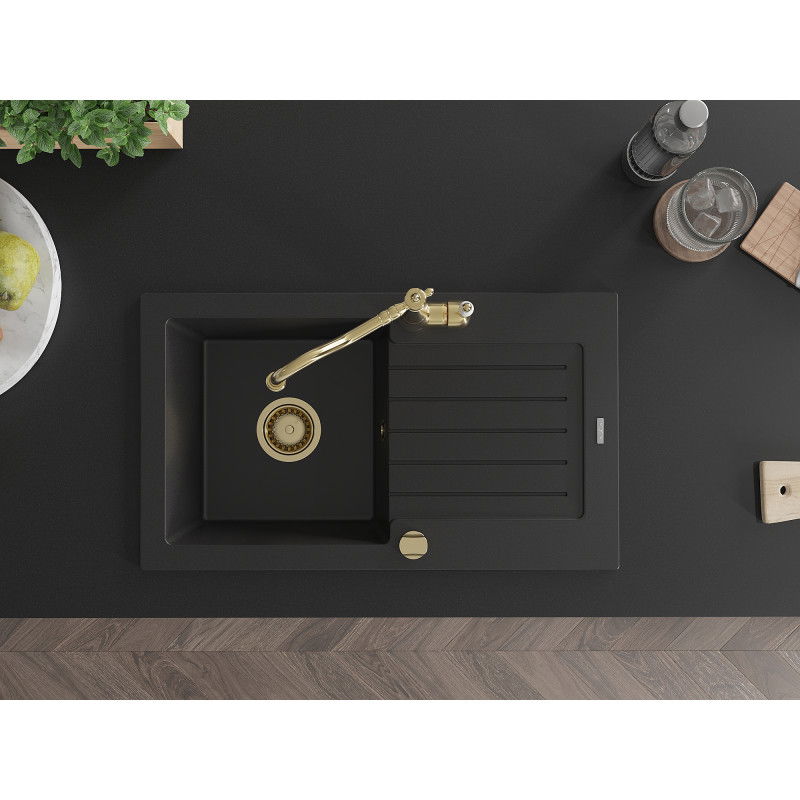 Mexen Pablo 1-bowl granite sink with drainer and Carla kitchen tap, black - 6510-77-670700-50