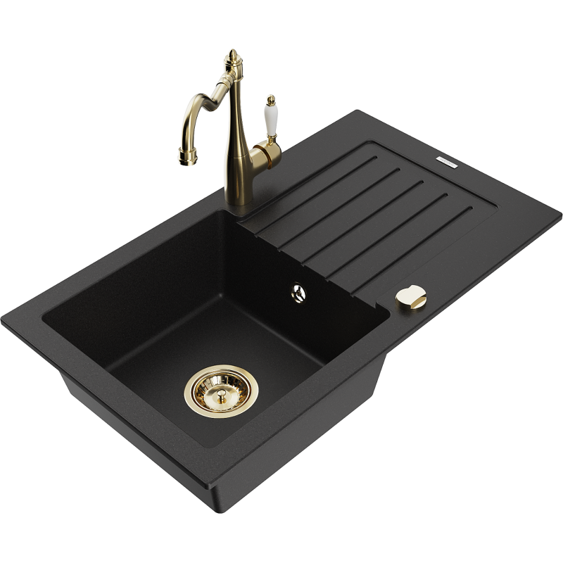 Mexen Pablo 1-bowl granite sink with drainer and Carla kitchen tap, black - 6510-77-670700-50