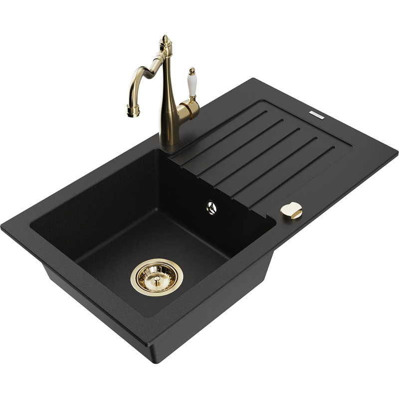 Mexen Pablo single-bowl granite sink with drainer and Carla kitchen faucet, black - 6510-77-670700-50