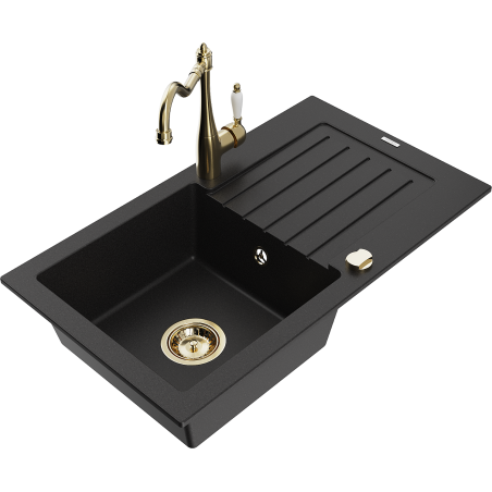 Mexen Pablo 1-bowl granite sink with drainer and Carla kitchen tap, black - 6510-77-670700-50