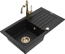 Mexen Pablo 1-compartment granite sink with a drip tray and kitchen mixer tap Carla, Black - 6510-77-670700-50