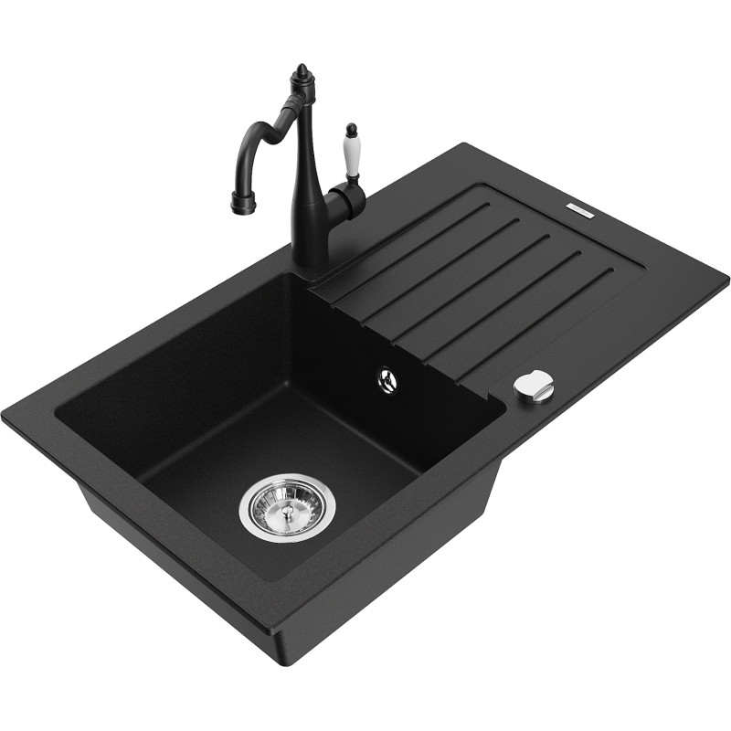 Mexen Pablo granite sink 1-bowl with drainer and kitchen faucet Carla, black - 6510-77-670700-70