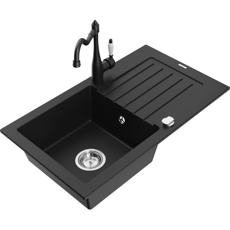 Mexen Pablo 1-compartment granite sink with a drip tray and kitchen mixer tap Carla, Black - 6510-77-670700-70