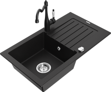 Mexen Pablo granite single-bowl sink with drainer and Carla kitchen faucet, black - 6510-77-670700-70