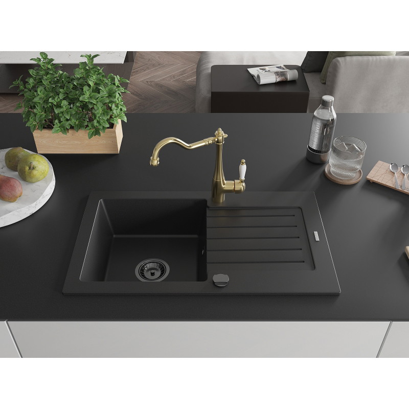 Mexen Pablo 1-bowl granite sink with drainer and Carla kitchen faucet, black - 6510-77-670700-50-B