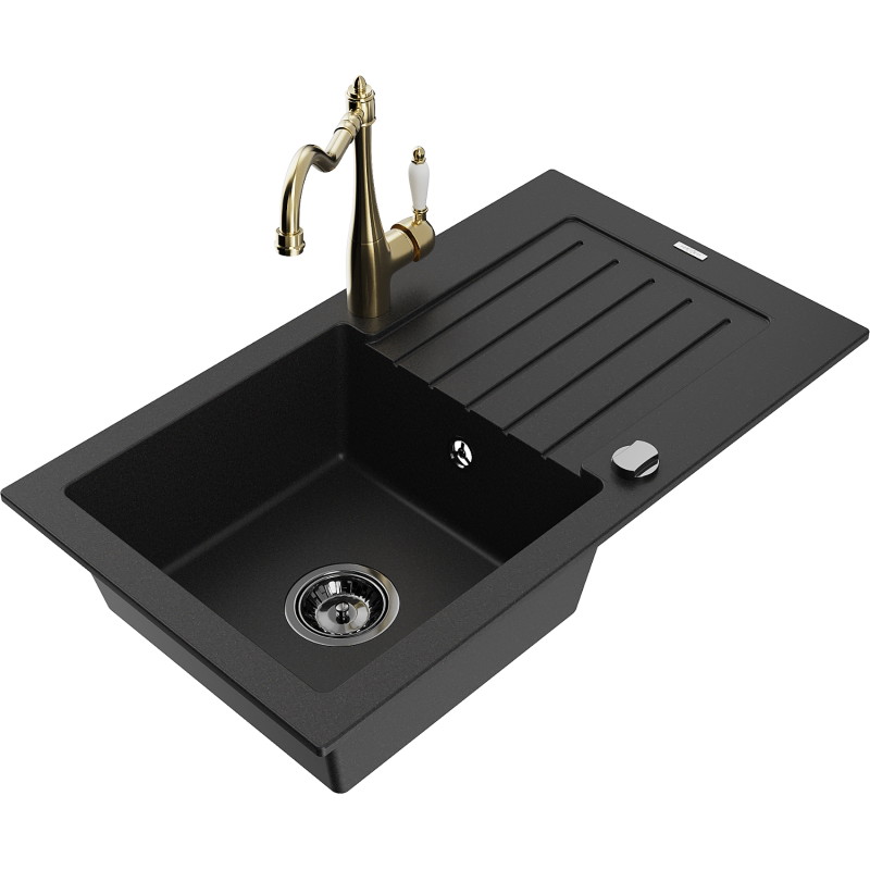 Mexen Pablo 1-bowl granite sink with drainer and kitchen faucet Carla, black - 6510-77-670700-50-B