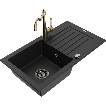 Mexen Pablo 1-bowl granite sink with drainer and Carla kitchen faucet, black - 6510-77-670700-50-B