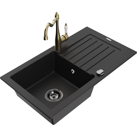 Mexen Pablo granite sink 1-bowl with drainer and Carla kitchen tap, black - 6510-77-670700-50-B