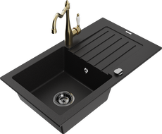 Mexen Pablo granite sink 1-bowl with drainer and Carla kitchen tap, black - 6510-77-670700-50-B