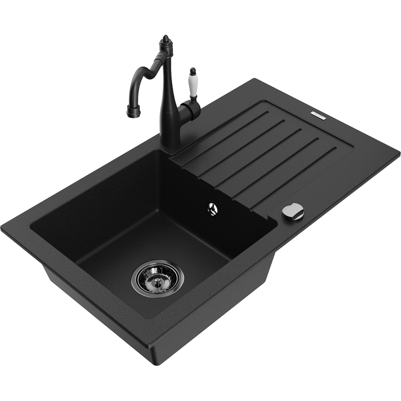 Mexen Pablo 1-compartment granite sink with a drip tray and kitchen mixer tap Carla, Black - 6510-77-670700-70-B
