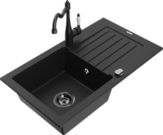 Mexen Pablo 1-compartment granite sink with a drip tray and kitchen mixer tap Carla, Black - 6510-77-670700-70-B