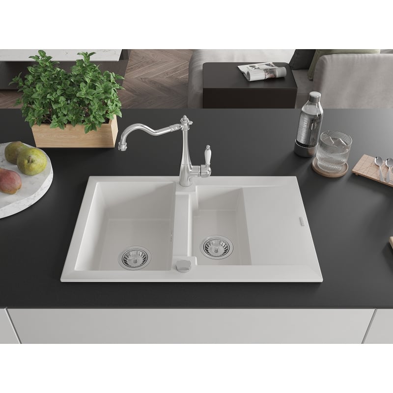 Mexen Gaspar granite sink 1.5-bowl with drainer and kitchen faucet Carla, white - 6507-20-670700-00