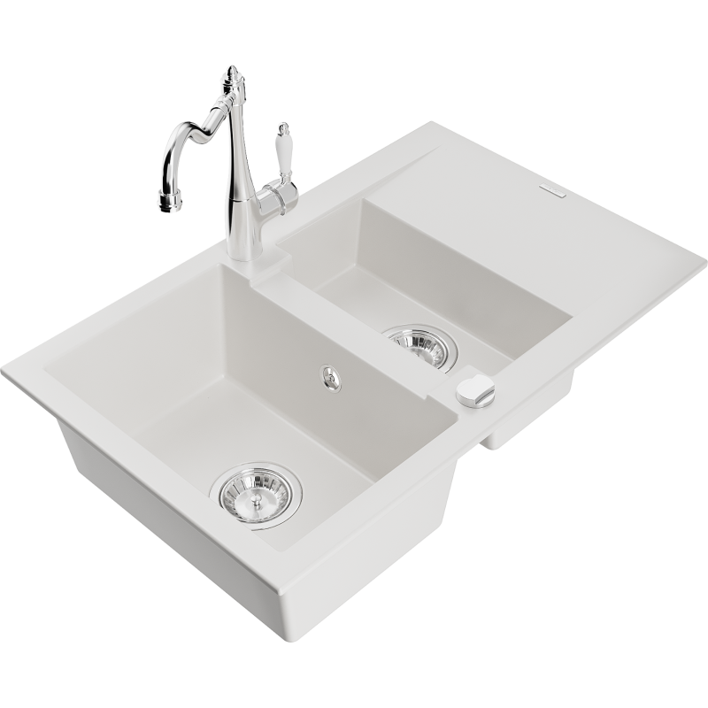 Mexen Gaspar 1.5-bowl granite kitchen sink with drainer and Carla kitchen tap, white - 6507-20-670700-00