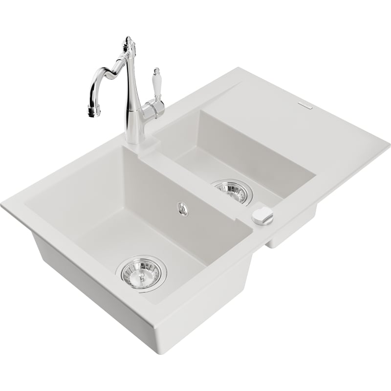 Mexen Gaspar granite sink 1.5-bowl with drainer and kitchen faucet Carla, white - 6507-20-670700-00