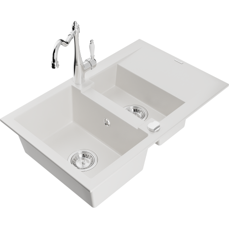 Mexen Gaspar 1.5-bowl granite sink with drainer and Carla kitchen faucet, white - 6507-20-670700-00