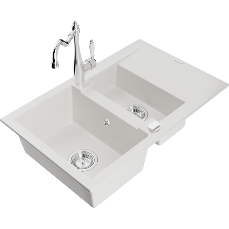 Mexen Gaspar granite sink 1.5-bowl with drainer and kitchen faucet Carla, white - 6507-20-670700-00