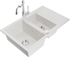 Mexen Gaspar 1.5-compartment granite sink with a drip tray and kitchen mixer tap Carla, White - 6507-20-670700-00