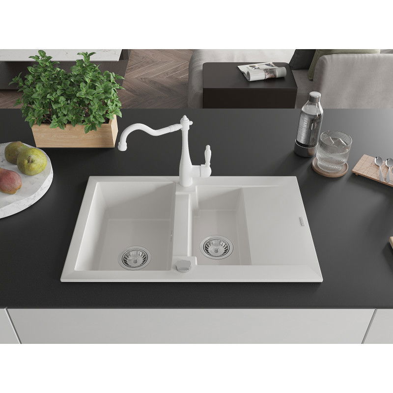 Mexen Gaspar granite sink 1.5-bowl with drainer and Carla kitchen tap, white - 6507-20-670700-20