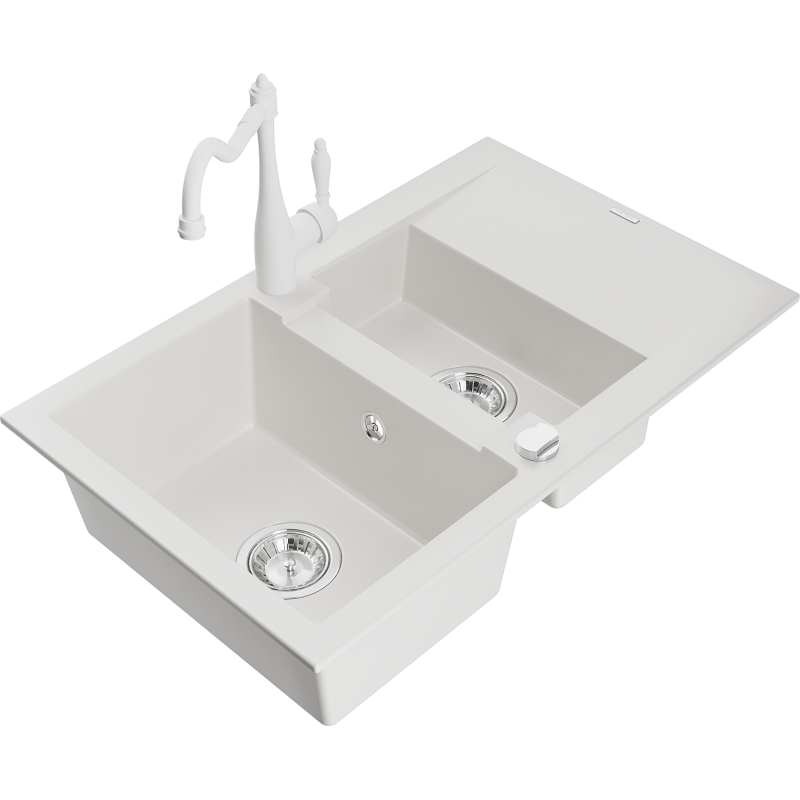 Mexen Gaspar 1.5-compartment granite sink with a drip tray and kitchen mixer tap Carla, White - 6507-20-670700-20
