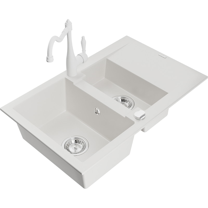 Mexen Gaspar granite kitchen sink 1.5-bowl with drainer and Carla kitchen faucet, white - 6507-20-670700-20