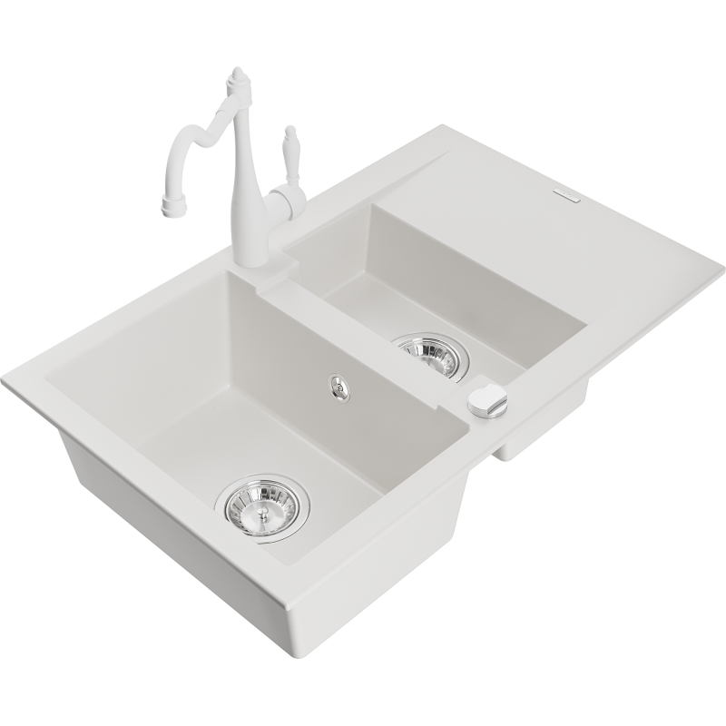 Mexen Gaspar granite sink 1.5-bowl with drainer and Carla kitchen tap, white - 6507-20-670700-20