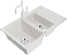 Mexen Gaspar 1.5-bowl granite sink with drainer and kitchen faucet Carla, white - 6507-20-670700-20