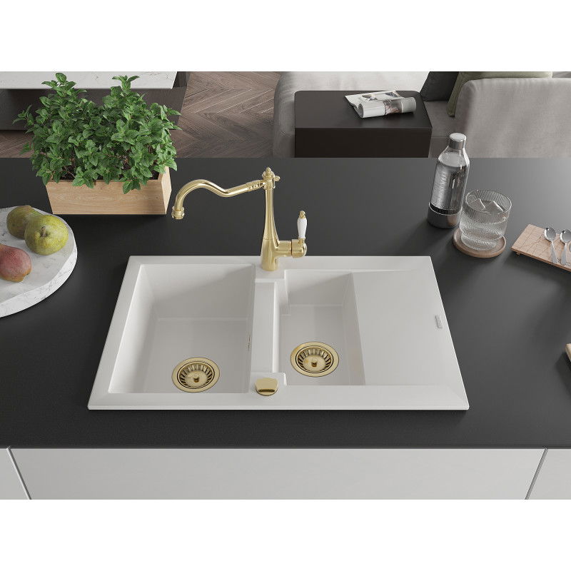 Mexen Gaspar 1.5-bowl granite sink with drainer and Carla kitchen tap, white - 6507-20-670700-50