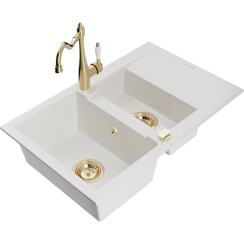 Mexen Gaspar 1.5-bowl granite sink with drainer and Carla kitchen faucet, white - 6507-20-670700-50