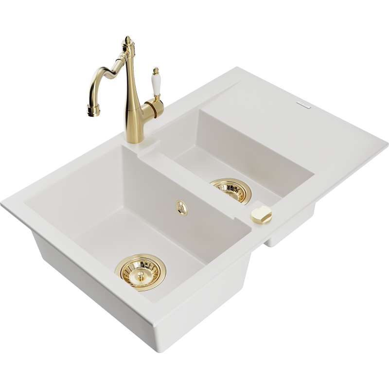 Mexen Gaspar 1.5-bowl granite sink with drainer and Carla kitchen tap, white - 6507-20-670700-50