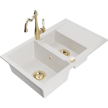 Mexen Gaspar 1.5-compartment granite sink with a drip tray and kitchen mixer tap Carla, White - 6507-20-670700-50
