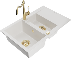 Mexen Gaspar 1.5-compartment granite sink with a drip tray and kitchen mixer tap Carla, White - 6507-20-670700-50
