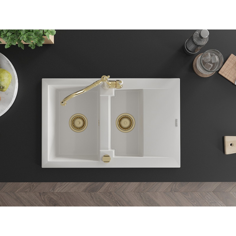Mexen Gaspar 1.5-bowl granite sink with drainer and Carla kitchen faucet, white - 6507-20-670700-50