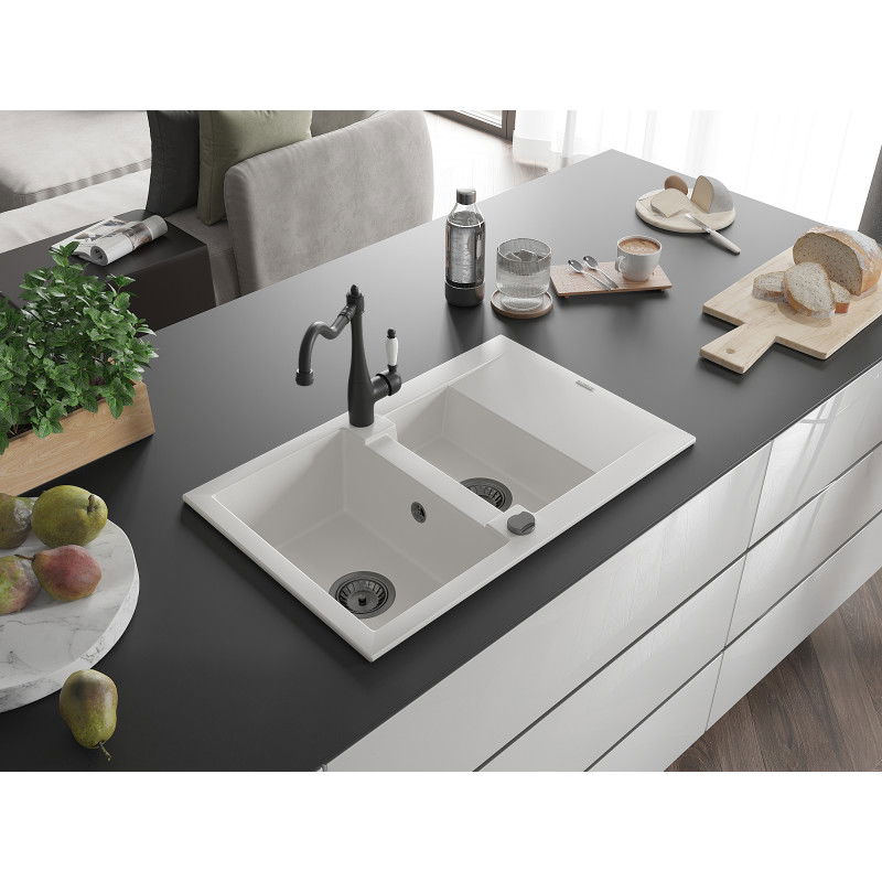 Mexen Gaspar granite sink 1.5-bowl with drainer and Carla kitchen faucet, white - 6507-20-670700-70
