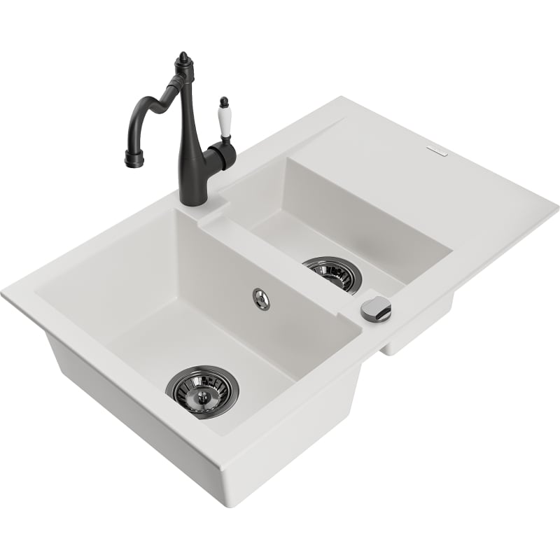 Mexen Gaspar granite sink 1.5-bowl with drainer and kitchen faucet Carla, white - 6507-20-670700-70